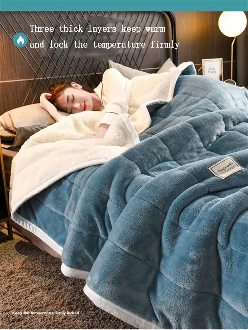 Coral Fleece Autumn Winter Warm Blankets for Bed 3 Layers Thicken Flannel Blanket Quilt Soft Comfortable Warmth Quilts Washable.