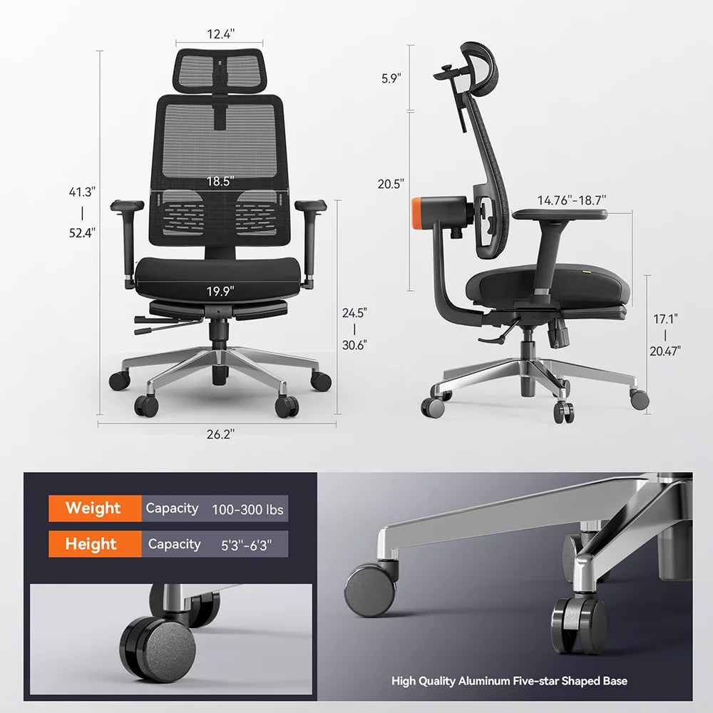 NEWTRAL MagicH-BPro Ergonomischer Stuhl mit Fußstütze, maßgeschneidert, ultimativer Komfort, automatisch ausgestellte Rückenlehne, Kopfstütze, adaptive Unterseite