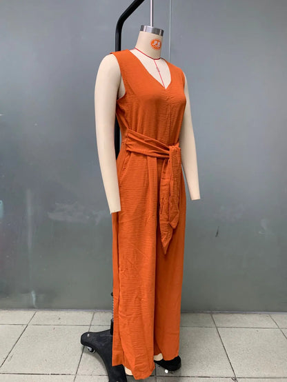 Summer High Waist Lace-up Jumpsuits Women 2025 New Sleeveless V-neck Side Pocket Solid Casual Jumpsuit Office Ladies Rompers.