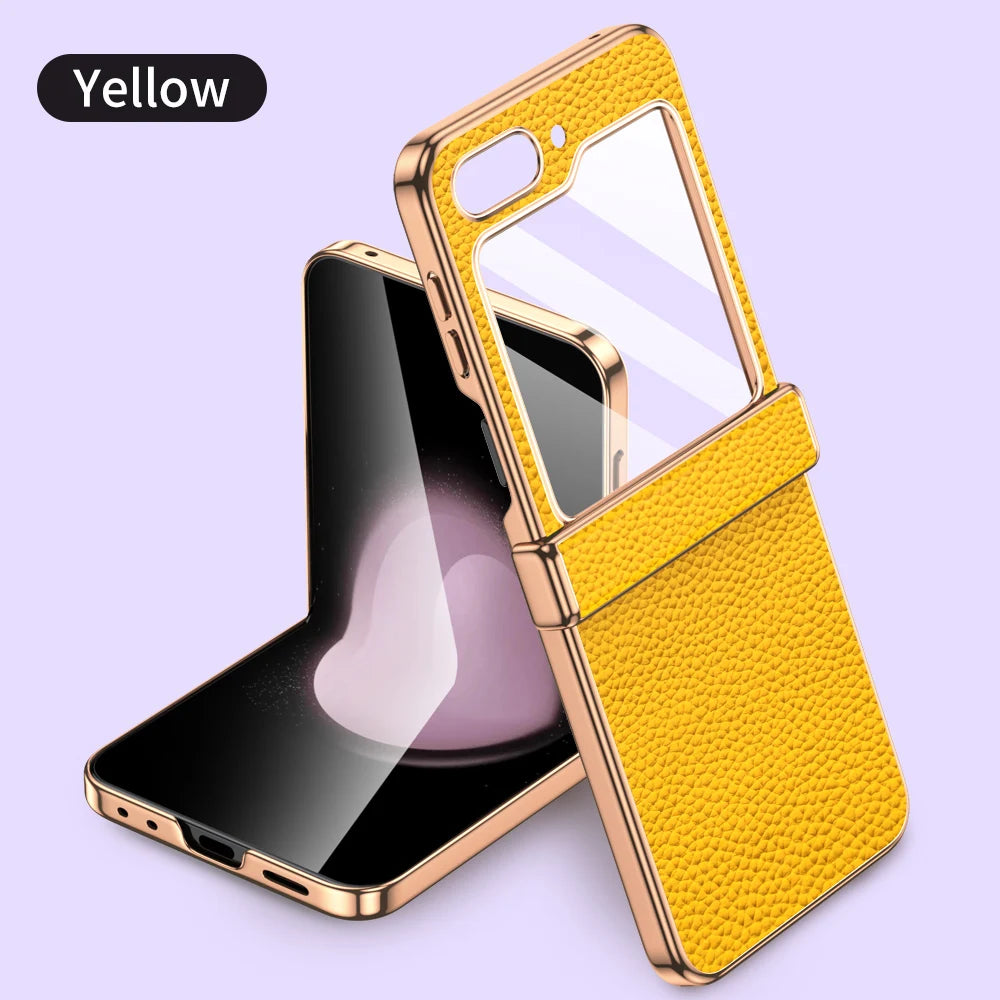 Cowhide Leather Phone Case for Samsung Galaxy Z Flip7 Flip6 Flip5 Flip 7 6 5 Luxury Hinge Protection Cover with Tempered Glass