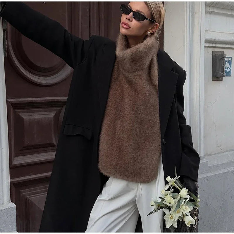 Schwarz Luxus Faux Pelzmantel Frauen Mode Oansatz Langarm Flauschigen Lose Jacke 2025, Winter Dame Verdicken Warme Straße Outwear