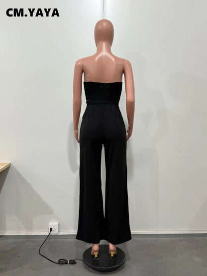 CM.YAYA Women Wide Leg Strapless V-neck Sleeveless Jumpsuits 2025 Summer OL Beach Night Club Party Street One Piece Suit Romper.