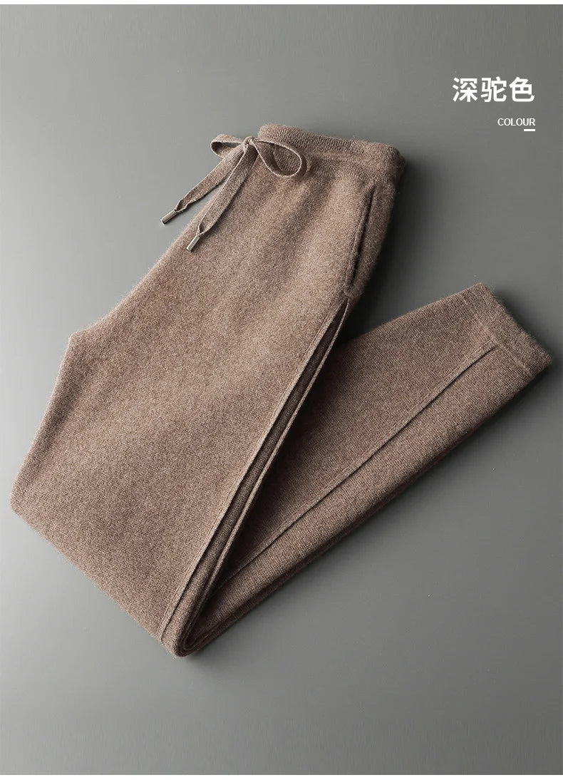 Thickened Four-Point Split Wear-Resistant 100% Cashmere Knitted Pants for Men with Pockets Elastic Waist Drawstring Slim Pants.