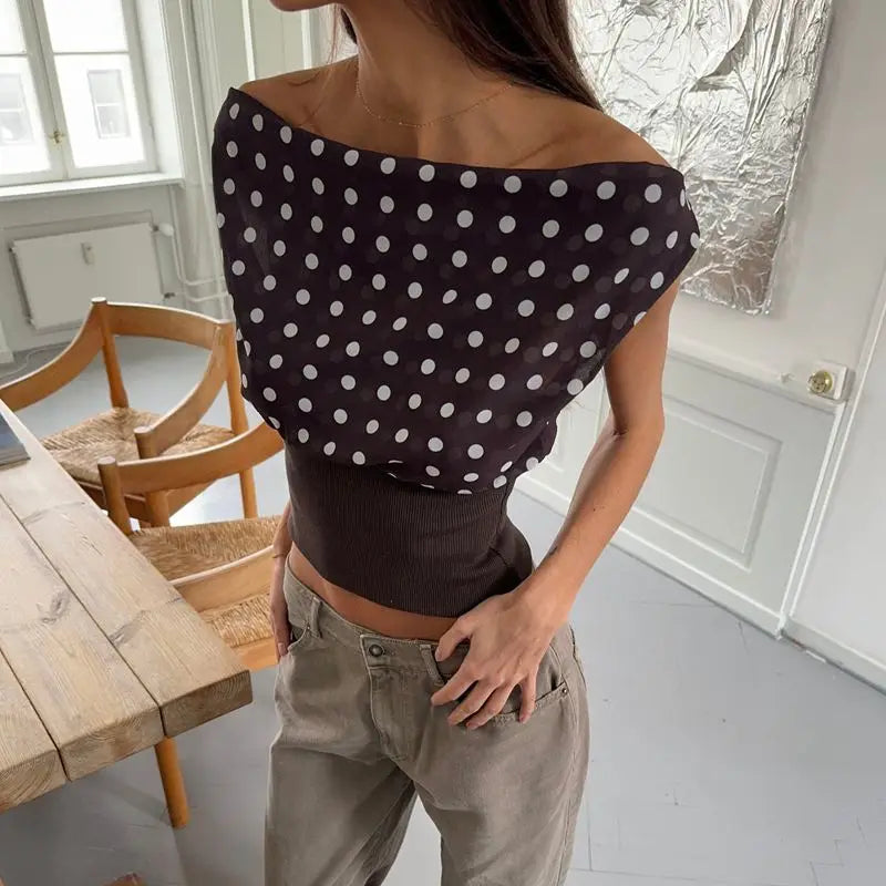 Women Summer Off One Shoulder Tops Sleeveless Slash Neck Dotted Contrast Color Lace-up Backless Slim Crop T-Shirts.