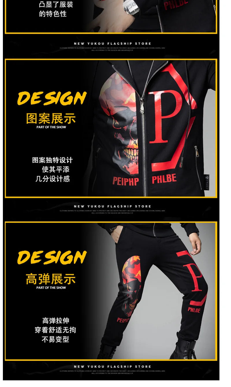 2024 Mens Two Piece Sets Fashion Streetwear Casual Winter Suits Skull Pattern Hooded Black Tracksuit Men Clothes Ropa De Hombre.
