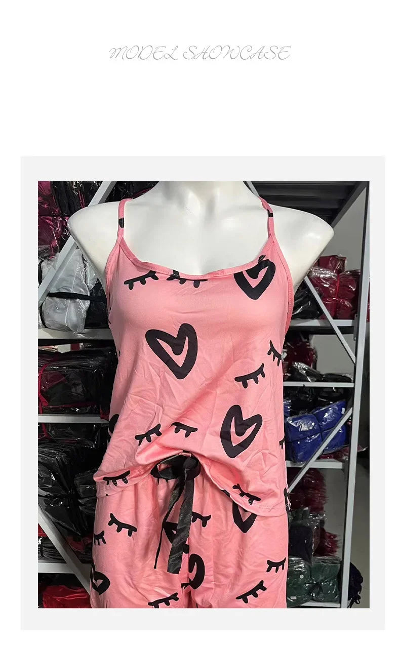 Seidiges Satin-Pyjama-Set für Damen, süßer Herzdruck, sexy Spaghettiträger-Tanktops und Shorts, Heimtextilien, weibliche Nachtwäsche.