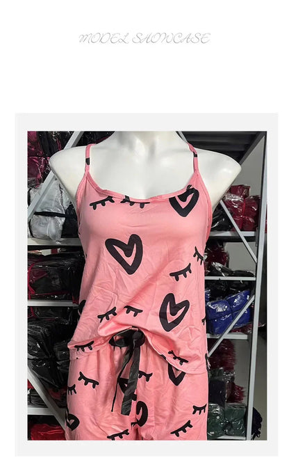 Seidiges Satin-Pyjama-Set für Damen, süßer Herzdruck, sexy Spaghettiträger-Tanktops und Shorts, Heimtextilien, weibliche Nachtwäsche.