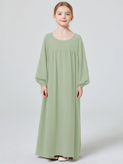 Kids Abaya Ramadan Muslim Dubai Elegant Girl's Solid Crew Neck Long Sleeve Kaftan Kebaya Dress For Party Pray Gift.