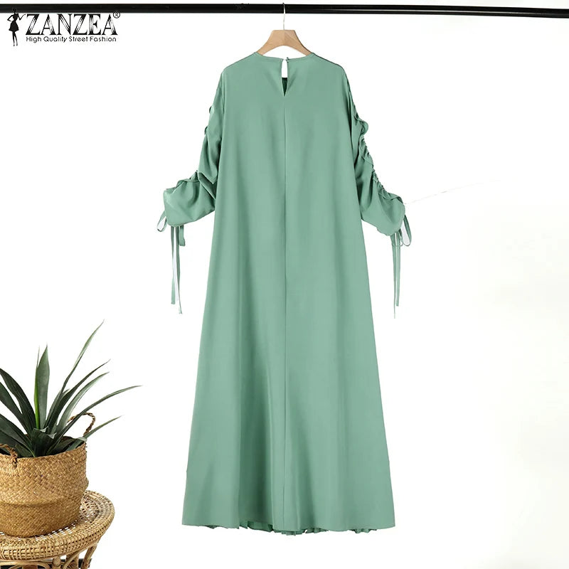 Muslim Hijab Dresses Abaya ZANZEA Spring Maxi Sundress Women Fashion Long Sleeve Pleated Party Dress IsIamic Clothing Robe Femme.