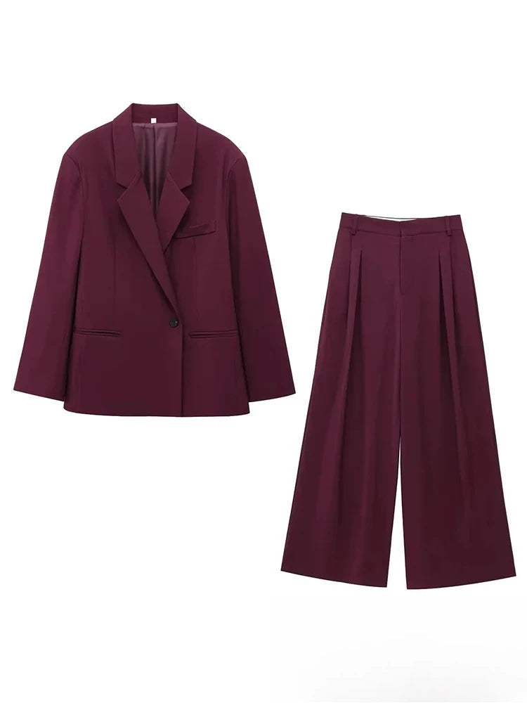 KONDALA Vintage Chic Office Lady Red Solid Women Suit Notched Single Button Pockets Blazer Straight Loose Pants Fashion 2025 Set.