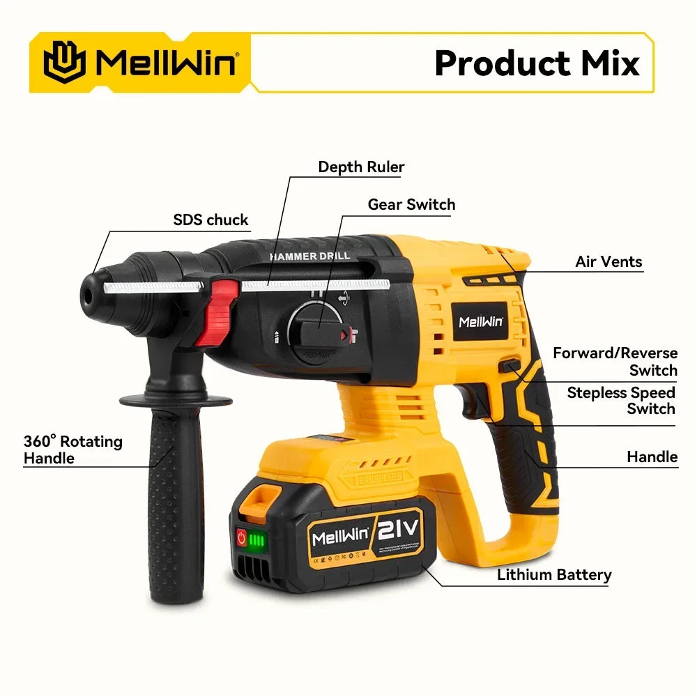MELLWIN 26 mm bürstenloser elektrischer Bohrhammer, multifunktionaler Bohrhammer, Schlagbohrmaschine, Werkzeugset für Makita 18 V Batterie-Pin