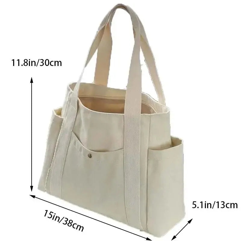 Canvas Women's Shoulder Bag Large Capacity Multiple Outer Pocket Zipper Tote Bag Student Handbag Shopping.
