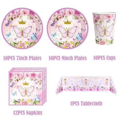 Schmetterling Geburtstag Party Dekoration Mädchen Einweg Geschirr Set Pappteller Tasse Ballon Tischdecke Schmetterling Thema Liefert