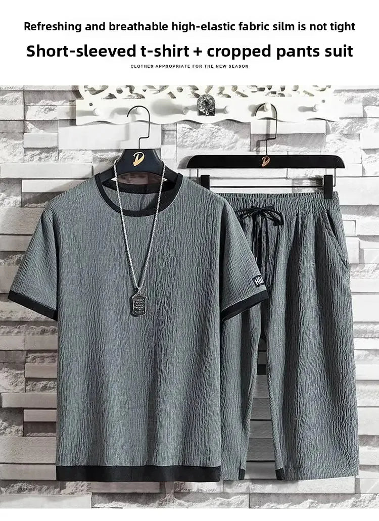 Summer Casual Ice Silk Short Sleeve T-Shirt Shorts Set for Men Fashionable Two-Piece Outfit Lightweight Sportswear Combo.