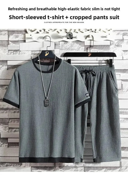 Summer Casual Ice Silk Short Sleeve T-Shirt Shorts Set for Men Fashionable Two-Piece Outfit Lightweight Sportswear Combo.
