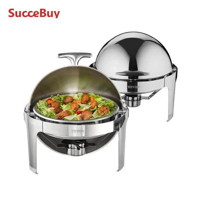 SucceBuy Roll Top Chafing Dish Buffet Set 6 Qt 2 Pack Stainless Steel Chafer with 2 Full Size Pans Round Catering Warmer Server.