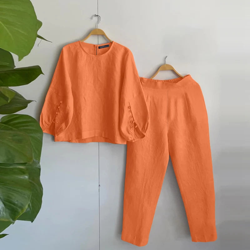 Fashion Women Two Piece Outfit ZANZEA Long Sleeve Top 2025 Autumn Casual High Waist Long Pants Sets Solid 2PCS Suits Tracksuit