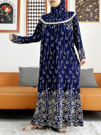 2023 Muslim Solid Cotton Abaya For Women Ramadan Prayer Garment Joint Hat Dubai Turkey Middle East Femme Robe Floral Loose Dress