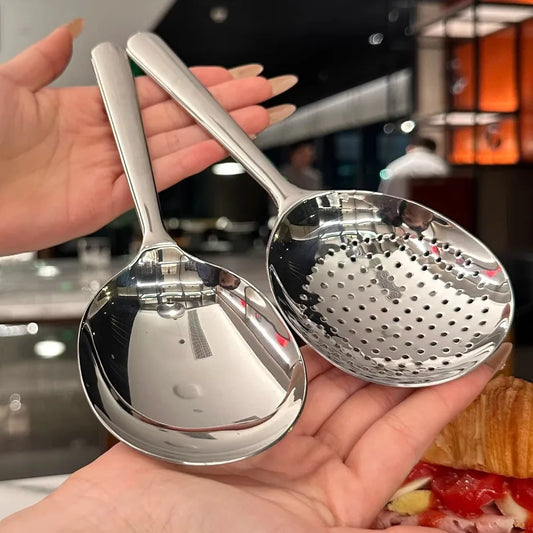 1Pc Big Head Stainless Steel Round Spoon Large Size Dining Spoon Rice Serving Spoon Drain Hole Heat Spoons Kitchen Tool Utensils.