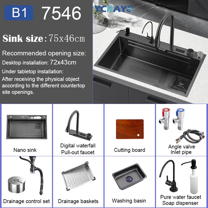 YCRAYS Digital Display Nano Kitchen Sink Large Single Bowl SUS304 Waterfall Faucet Cup Washer Purified Tap Soap Dispenser