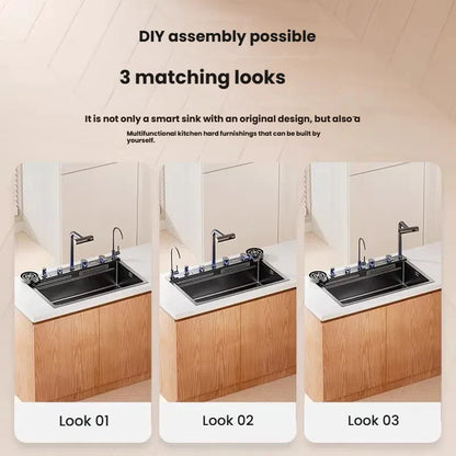 Intelligent Waterfall Stainless Steel Kitchen Sink MultiFunctional Digital Display Porous Large Single Slot Wash Dish Basin