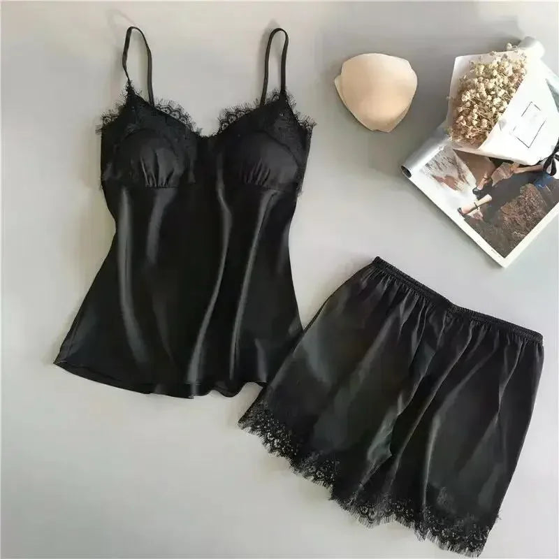 Frauen Eis Seide Pyjama Anzüge Mode V-ausschnitt Spitze Stretch Satin Nahtlose Sexy Dessous Homewear Pyjamas Shorts Set Nachtwäsche Neue.