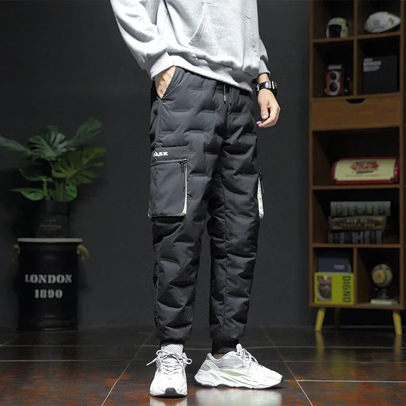 Men's Winter Pants Duck Down Padded Pants Thick Warm Black Loose Jogger Windproof High Waist Elastic Thermal Down Trouser Male.