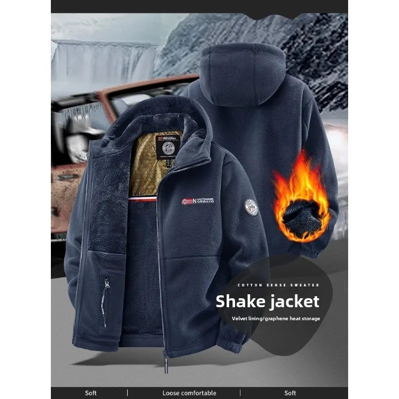 CHUJIE Men's autumn and winter fleece fashion graphenewarm hooded jacket outdoor hiking sports with thick fleece cardigan jacket.