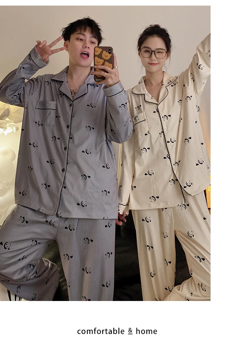 Pajamas Women Pajama Man Set Cotton Plus Size Spring Autumn Long-sleeved Korean Cardigan Casual V-neck Nightwear Couple Pyjamas.