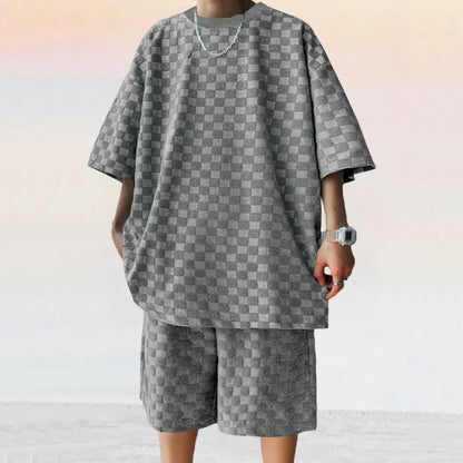 European and American Oversized Fashion Brand Men's Summer New Chessboard Plaid Loose Sports and Leisure Two-Piece Set