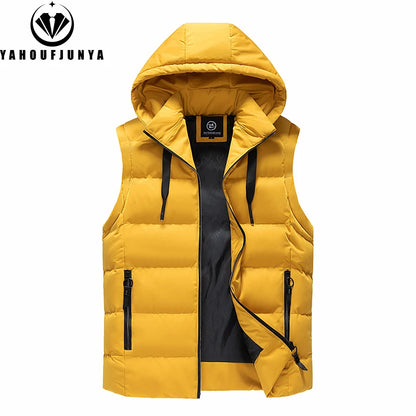 Men Autumn Sleeveless Outdoors Casual Solid Warm Vest Men Winter Detachable Hooded Fleece Pocket Zipper Fashion Vest Male Coat.