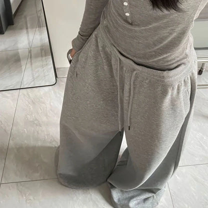 Oversize Cotton Pants Woman Y2K Casual Drawstring Trousers Korean Streetwear High Waist All Match Jogger Pants Grey Sweatpants