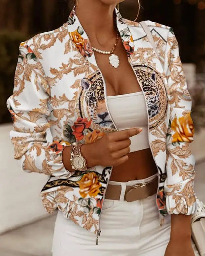 Mode Frauen Jacken Dünne Kurze Mäntel Herbst Vintage Print Lange Sleeve Zipper Dünne Jacke 2024 Casual Oberbekleidung Weibliche Jacke