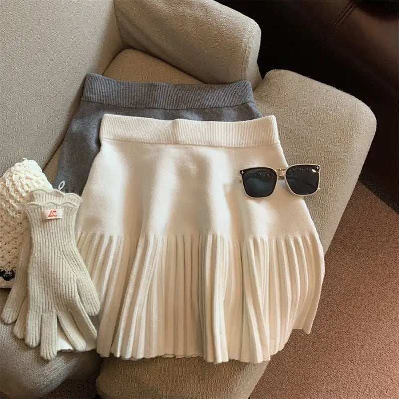 Pleated Mini Skirts Korean Sweet Knitted Skirts Sweet Elastic Waist Ladies Casual Youthful For Women's Clothes Solid Fashion New.