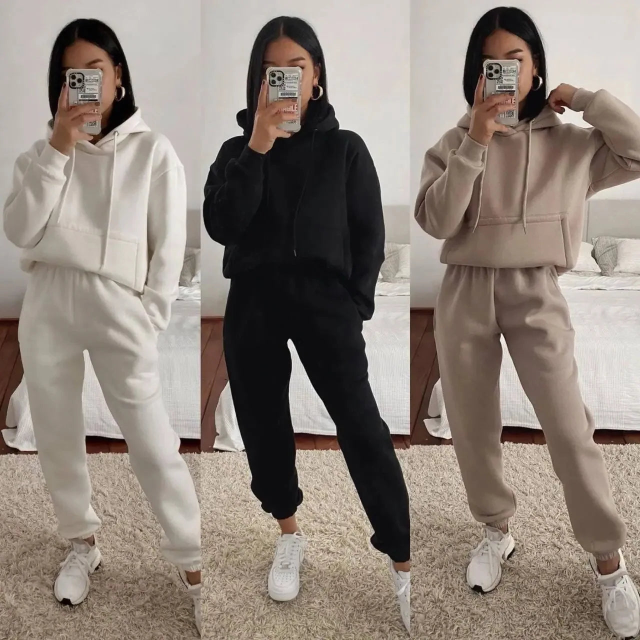 Women's Pocket Long-sleeved Hooded Sweatshirt Casual Set Autumn Winter New Solid Color Loose Sport Long Pants 2 Piece Set Female.