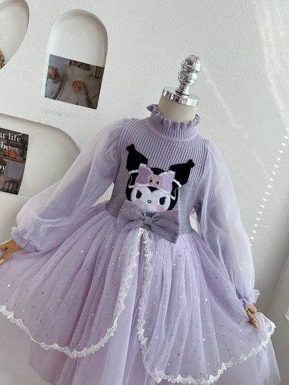 Anime Kuromi Lolita Kleid und Umhang Set Strickpullover Spleißen Mesh Prinzessin Kleid Partykleid Herbst Winter Urlaub Geschenk