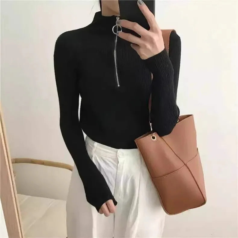 Spring Autumn Skinny Elastic Knitted Shirt Women Pullover Sweater Tops Female Long Sleeve Slim Mock Neck Knit Bottoming Shirts.