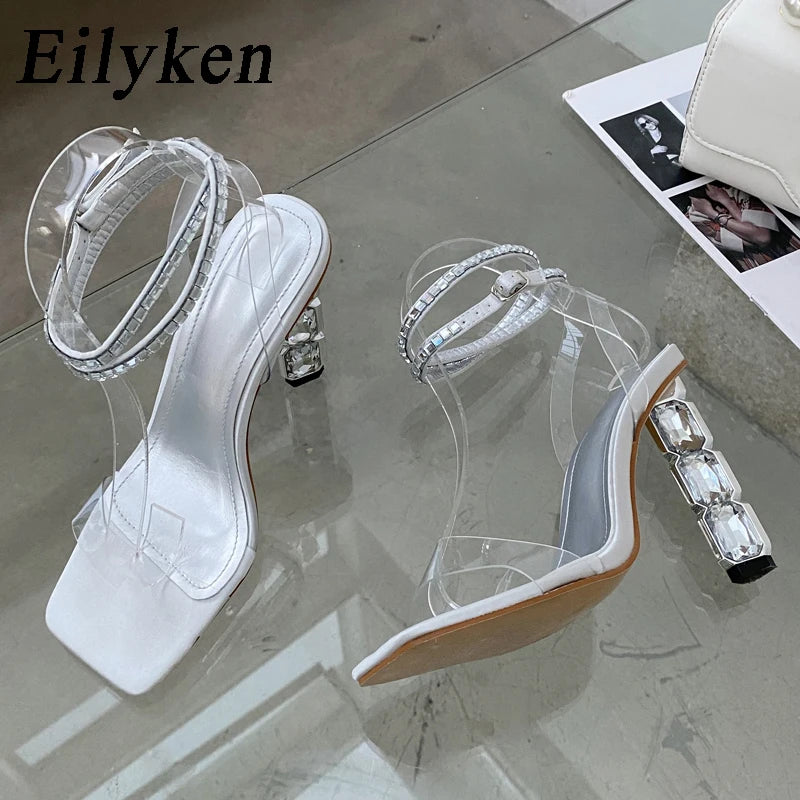 Eilyken Summer Crystal Embellished High Heel Sandals Women Diamond Open Toe Ankle Strap Silk Satin Rhinestone Banquet Shoes.