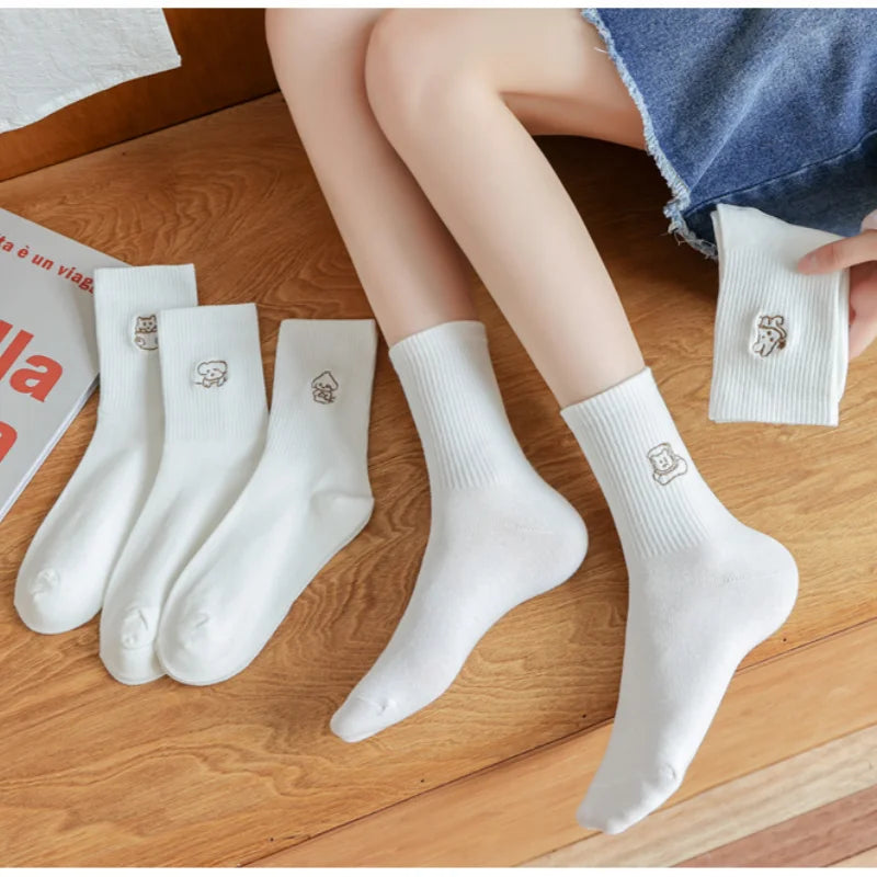 5 Pairs of White Women's Embroidered Socks for All Seasons Cotton Socks Mid-high Tube Student Cartoon Sports Socks.