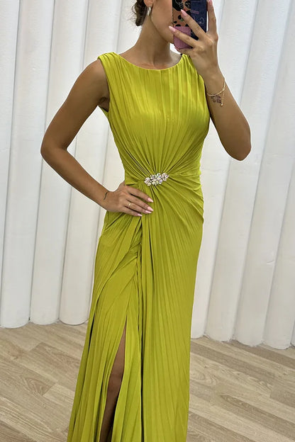 Frauen sexy Kleid neue ärmellose feste Party schlanke Empire Split weibliche elegante Rundhals Mode lange Kleidung.