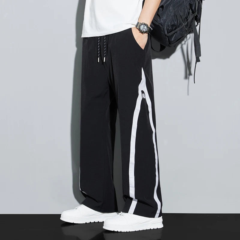 2025 Summer Ice Silk Casual Pants Boys Casual Peplum Pants Handsome Straight Colorblocking Sports Pants