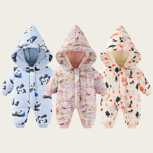 Body für Neugeborene und Mädchen, verdickter, wasserdichter, bedruckter Schneeanzug, 0–24 Monate, Kleinkind-Jungen-Overall mit Kapuze, warmes Winter-Einteiler-Outfit
