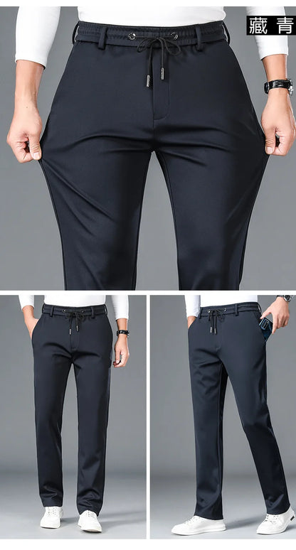 10XL Big Size Men's Summer Casual Pants Straight Fit Elastic Waist Trouser Male Classic Office Plus Large Stretch Zipper Pocket.