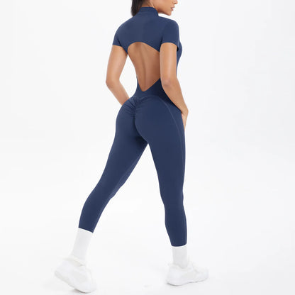 New Women's Yoga Jumpsuit Front Zipper Tight Back Hollow Out Short Sleeve-pants Activewear for Fitness Running Gym Workout