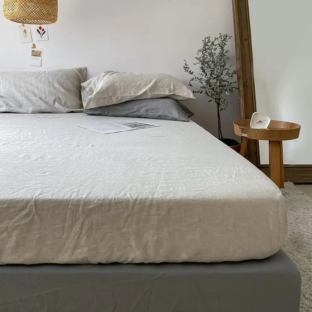 Pure Linen Fitted Sheet 35cm Deep Pocket Bed Mattress Cover Solid Color Non-slip Fixed Sheet Cover Dust Protective Bedspread.