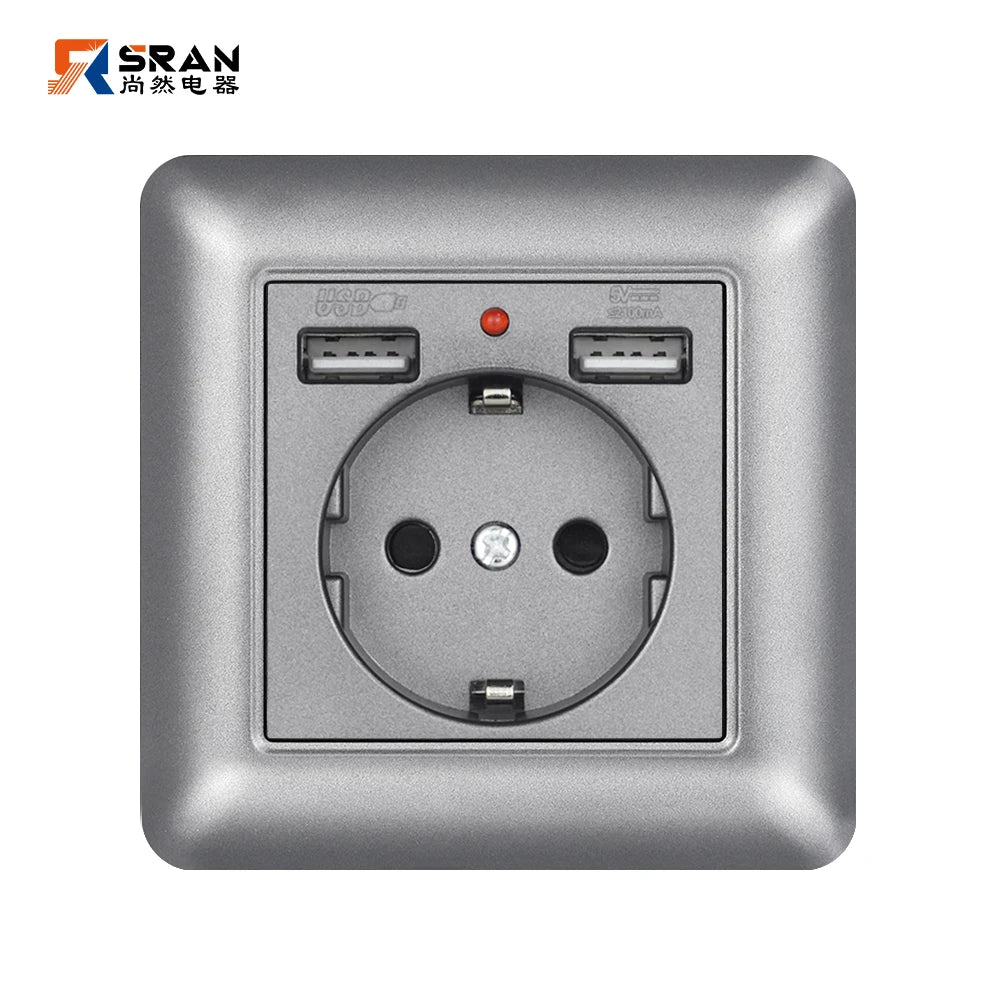 SRAN USB-Wandsteckdose, 20 W, schnelles Laden und 5 V, 2 A, EU-Standard, 82 x 82 mm, flammhemmendes PC-Panel, USB-Typ-C-Kombination