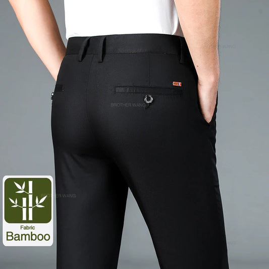 Bamboo Fiber Fabric Men's Casual Pants Summer New Ultra-thin Elastic Soft Straight Business Trousers Classic Black Khaki Gray.