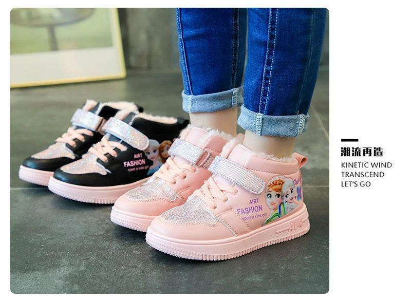 Disney Children Winter Ankle Snow Boots Cartoon Princess Elsa Frozen Pink Casual Shoes For Girls Warm Outdoor Shoes Size 26-37.