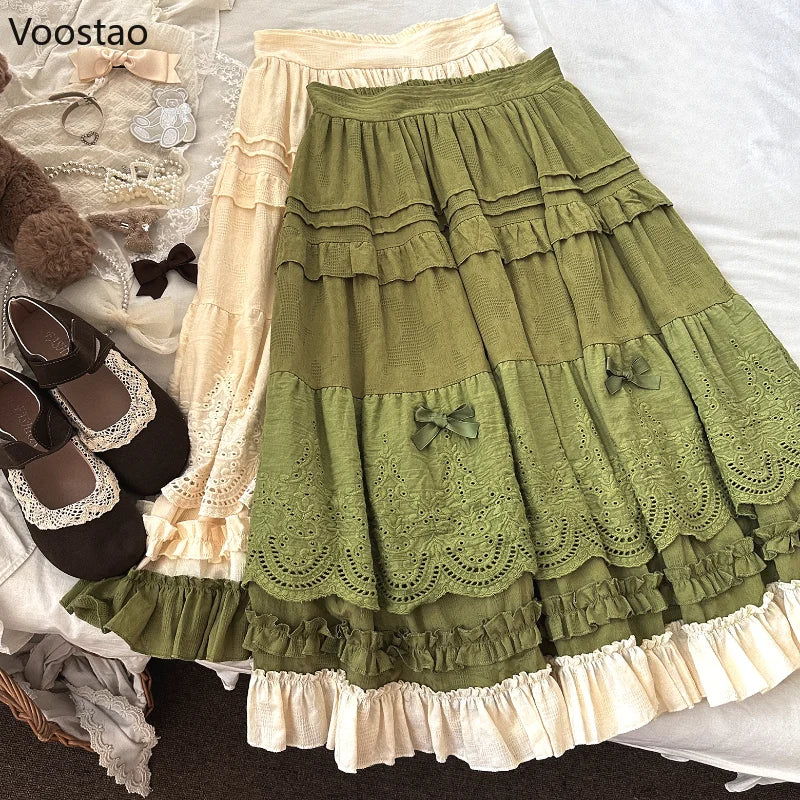 Mori Girl Style Lolita Midi Skirt Women Vintage Embroidery Lace Floral Bow Ruffles Long Skirts Female Prairie Chic Party Skirt.
