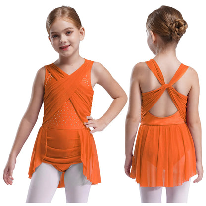Kinder Mädchen Ärmellose Ausschnitt Strass Eiskunstlauf Trikot Kleid Lyrical Dance Gymnastik Akrobatik Leistung Kostüm